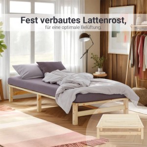 Homestyle4u Palettenbett 90x200 cm aus hellem Kiefernholz mit festem Lattenrost. Modernes Einzelbett für Jugendzimmer.