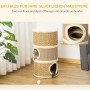 PawHut Kratzbaum in Fassform mit 3 Ebenen, Sisal-Oberfläche und weichen Höhlen. Eine Katze schaut heraus.