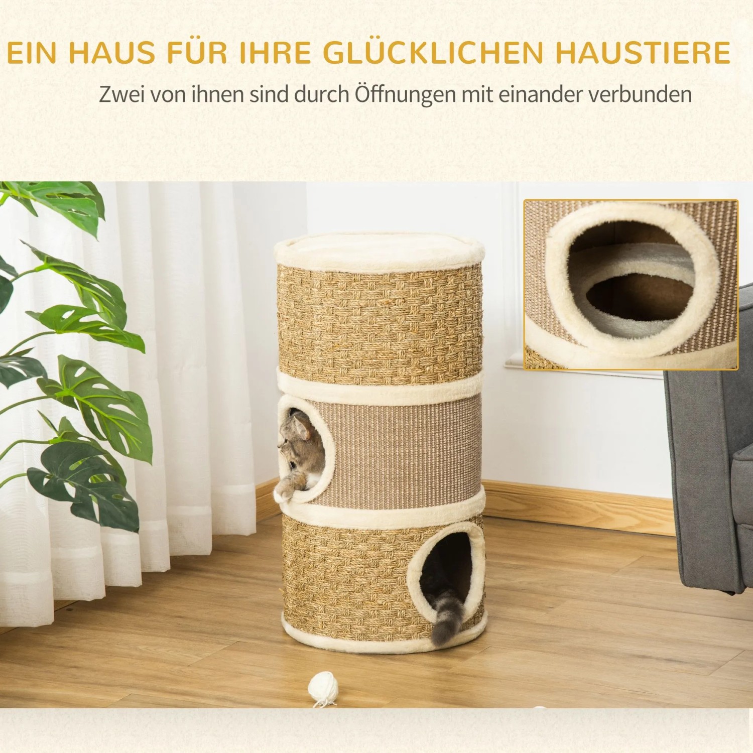 PawHut Kratzbaum in Fassform mit 3 Ebenen, Sisal-Oberfläche und weichen Höhlen. Eine Katze schaut heraus.