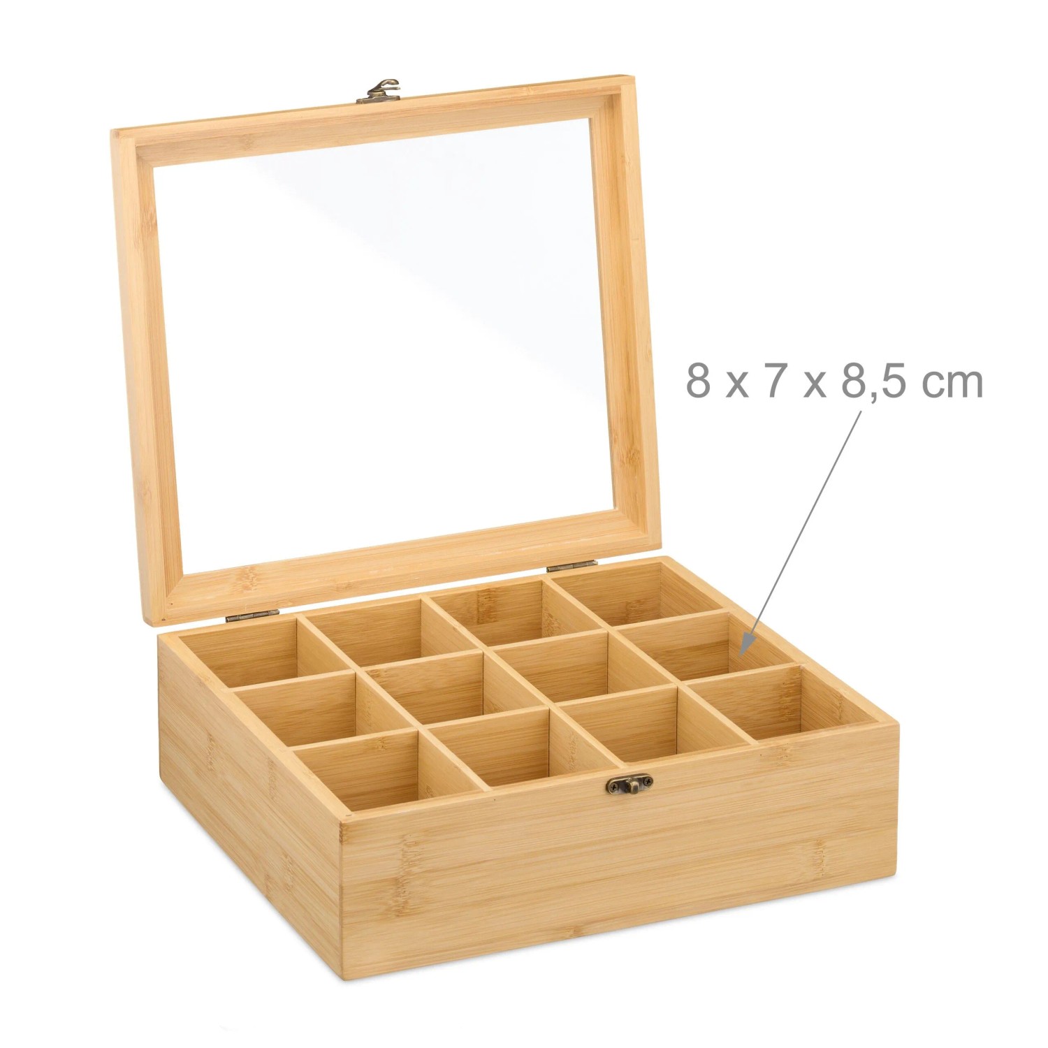 Relaxdays Teebox Bambus Natur Mit 12 Fächern Staubgeschützt 11 cm x 32 cm x 28 cm 1,6 kg_5