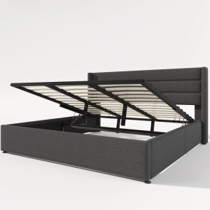 Graues okwish Polsterbett 180x200 mit Stauraum, Bettkasten und Lattenrost (ohne Matratze).