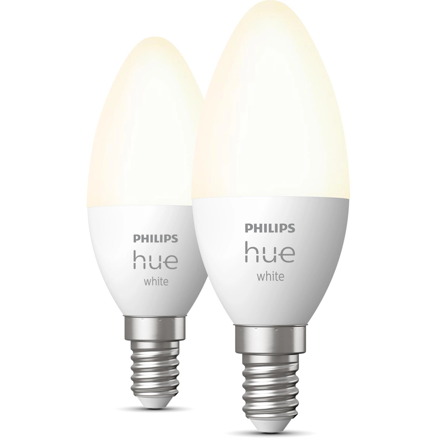 Philips Hue E14 Doppelpack: 2 weiße Leuchtmittel mit 470 lm für warmweißes Licht.