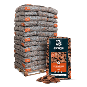 Palette Galamio Pinienrinde Deko Plus, 39 Säcke à 60l. Dekorative Bodenabdeckung für den Garten.