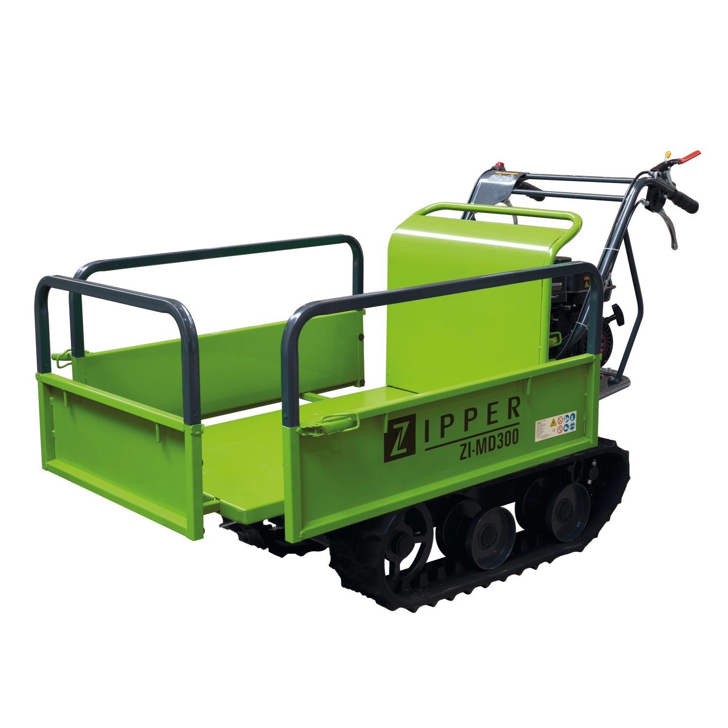 Zipper Miniraupendumper ZI-MD300 mit Schneeschild, grüne Baumaschine mit Kettenantrieb und Kippfunktion.