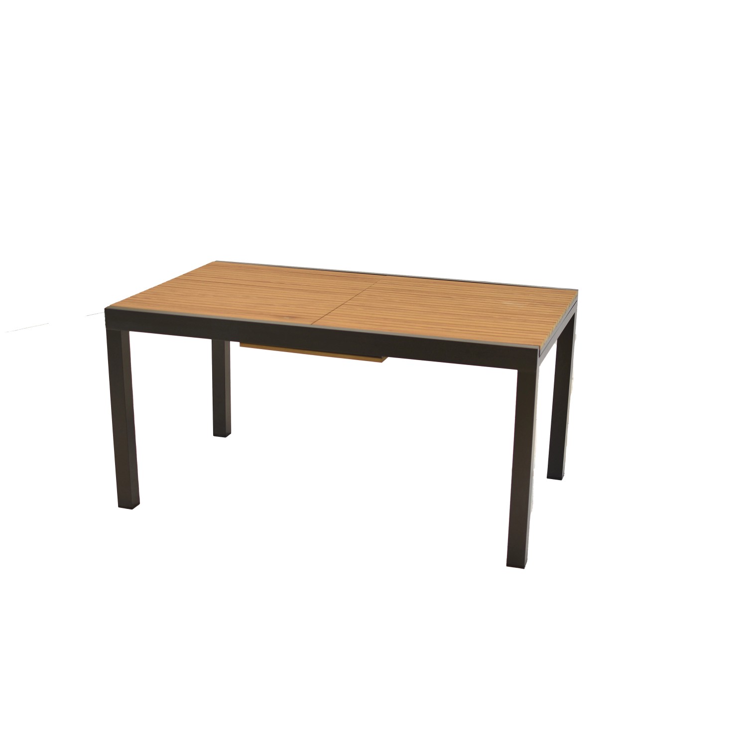 Ausziehbarer Gartentisch des Merxx Verona Sets mit Holzoptik Tischplatte und graphitfarbenem Gestell.