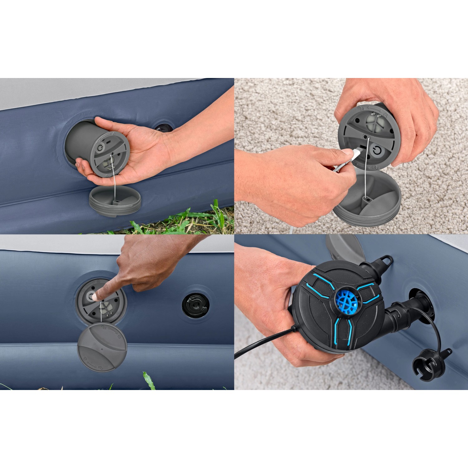 Doppelluftbett mit Elektropumpe im Detail: Ventile, Pumpe und Materialbeschaffenheit des Camping Luftbetts.