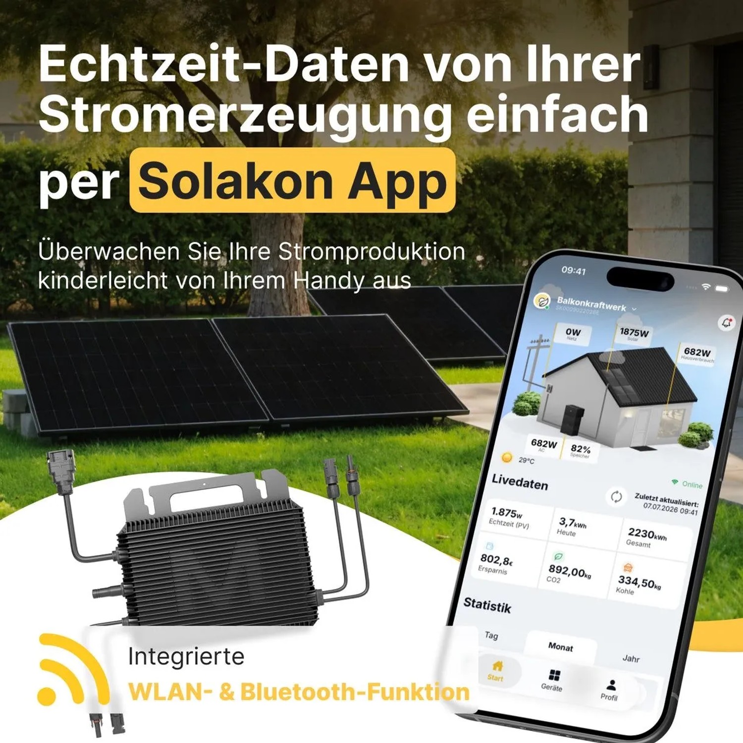 Solakon Balkonkraftwerk: App zeigt Echtzeit-Daten der Stromerzeugung auf Smartphone. Solarmodule, Wechselrichter.