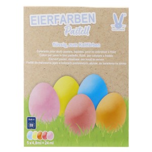 Eierfarben Pastell, 5 flüssige Farben zum Ostereier färben in Gelb, Rosa, Orange, Violett und Blau.