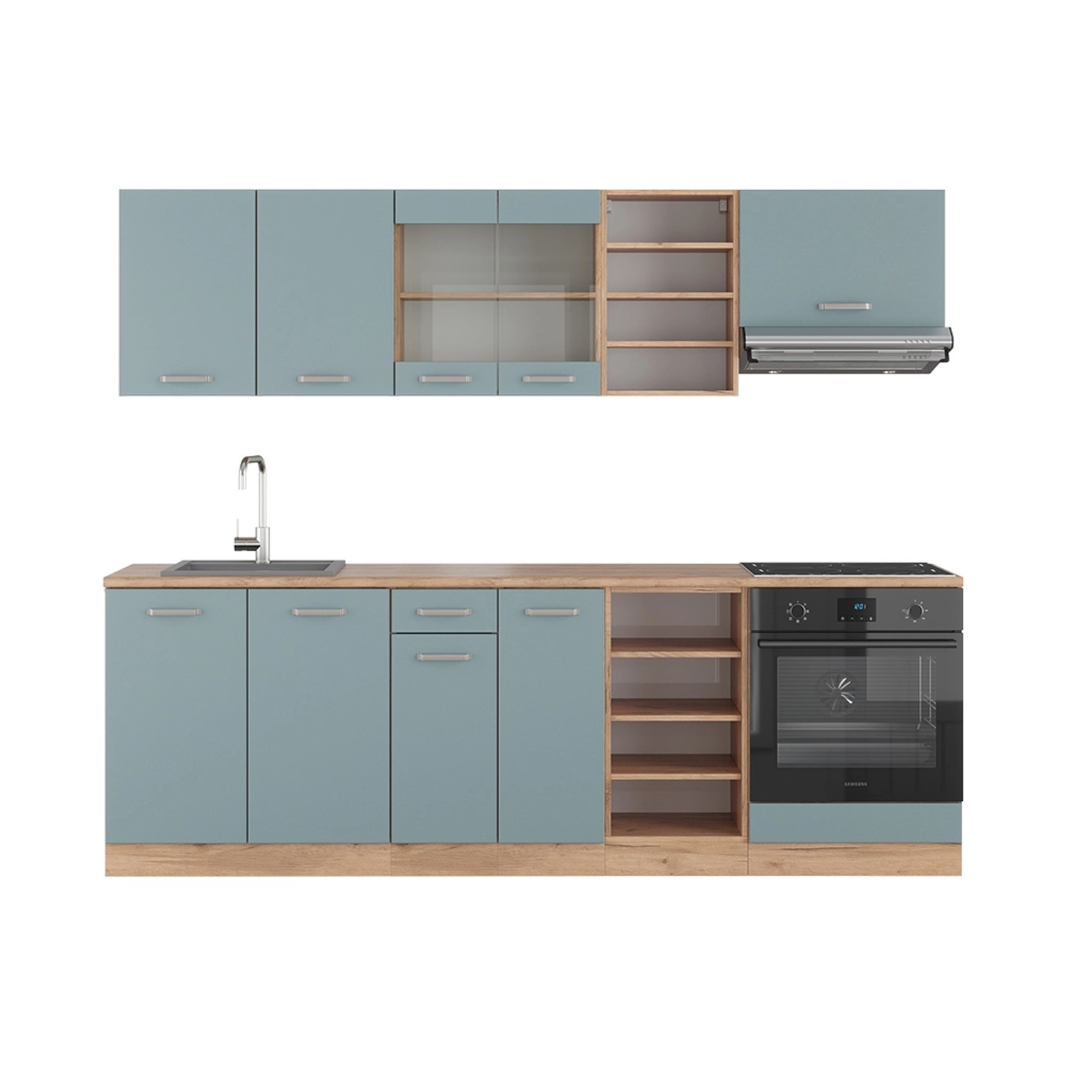 Vicco R-Line Küchenzeile Blau-Grau/Goldkraft Eiche 240 cm ohne Arbeitsplatt günstig online kaufen