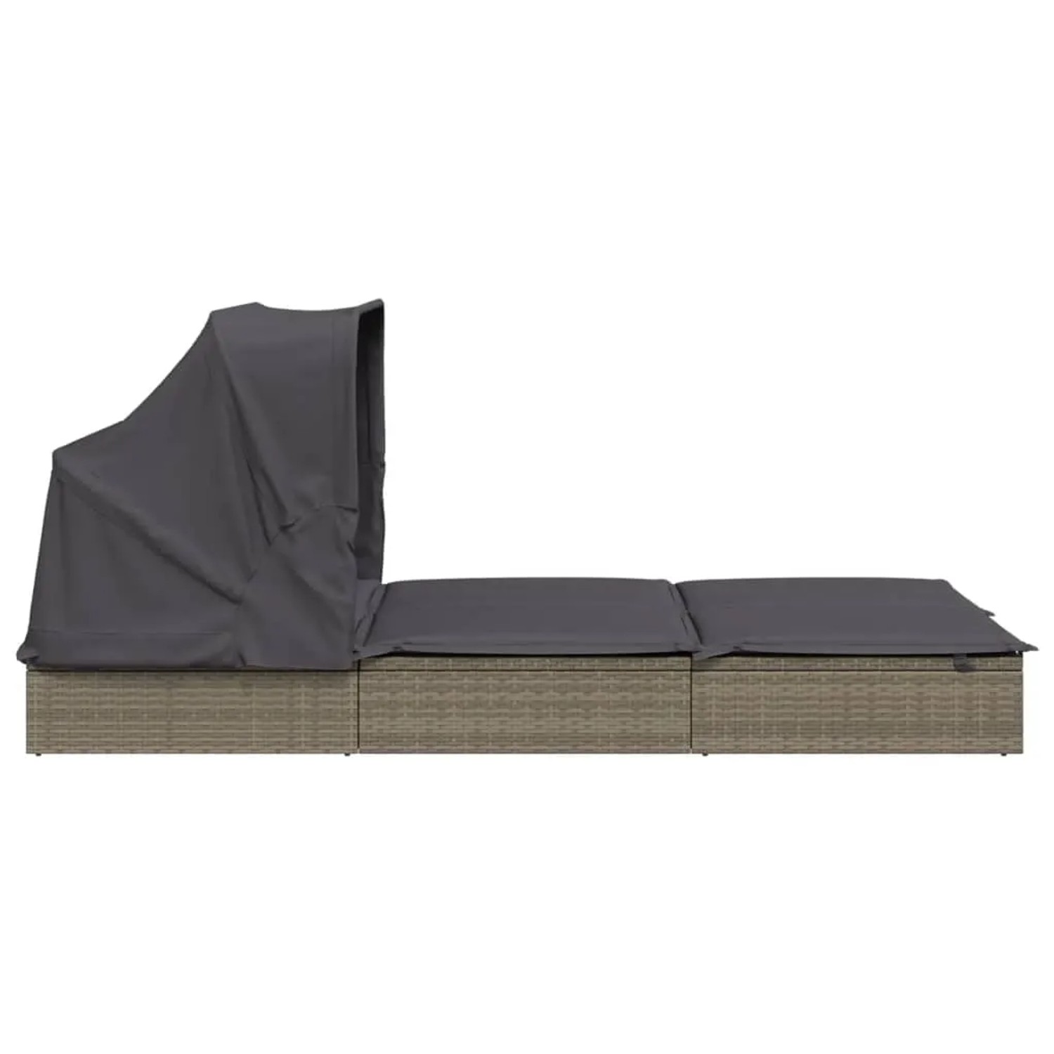 Graue 2-Personen-Sonnenliege mit Dach aus Polyrattan, verstellbar für Garten & Terrasse.