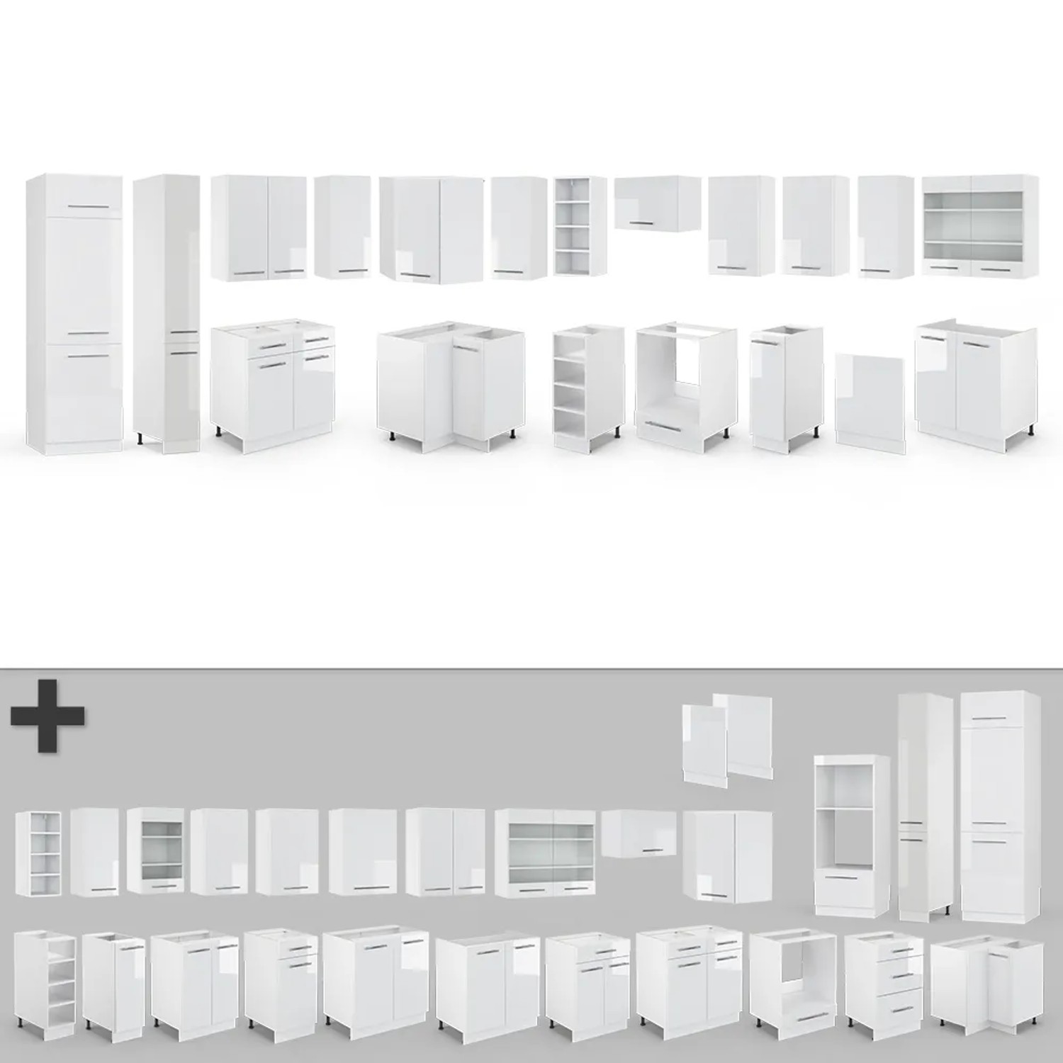 Vicco Fame-Line Eckküche, Weiß Hochglanz, verschiedene Module ohne Arbeitsplatte.