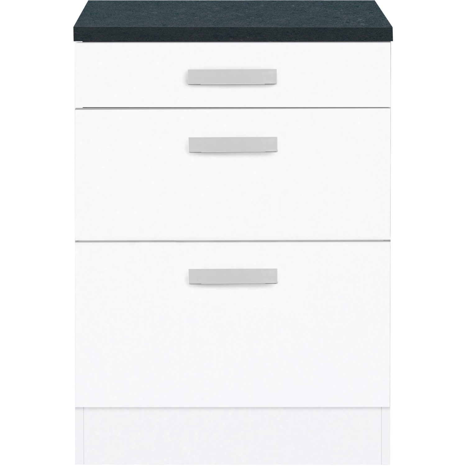Optifit Unterschrank Salo214, 60 cm breit, mit 3 Auszügen, weiß und anthrazitfarbener Arbeitsplatte.