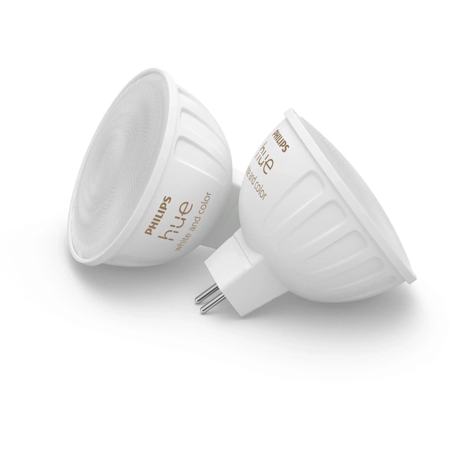 Zwei Philips Hue GU5.3 LED Lampen, White & Color Ambiance, 2er-Pack, 2 x 400 lm, in Weiß.
