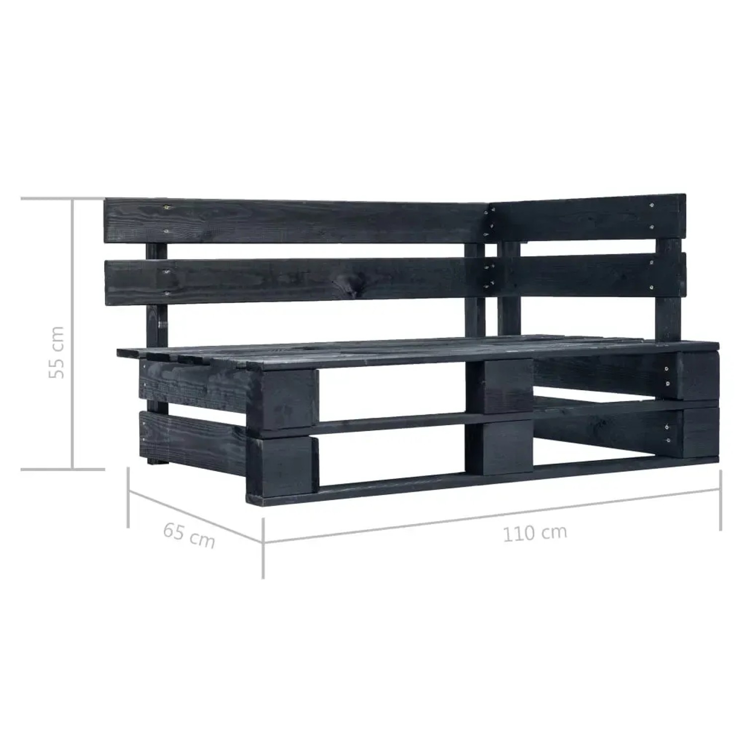 Schwarzes Paletten-Lounge-Eckteil aus imprägniertem Kiefernholz, Teil eines Gartenmöbel-Sets.