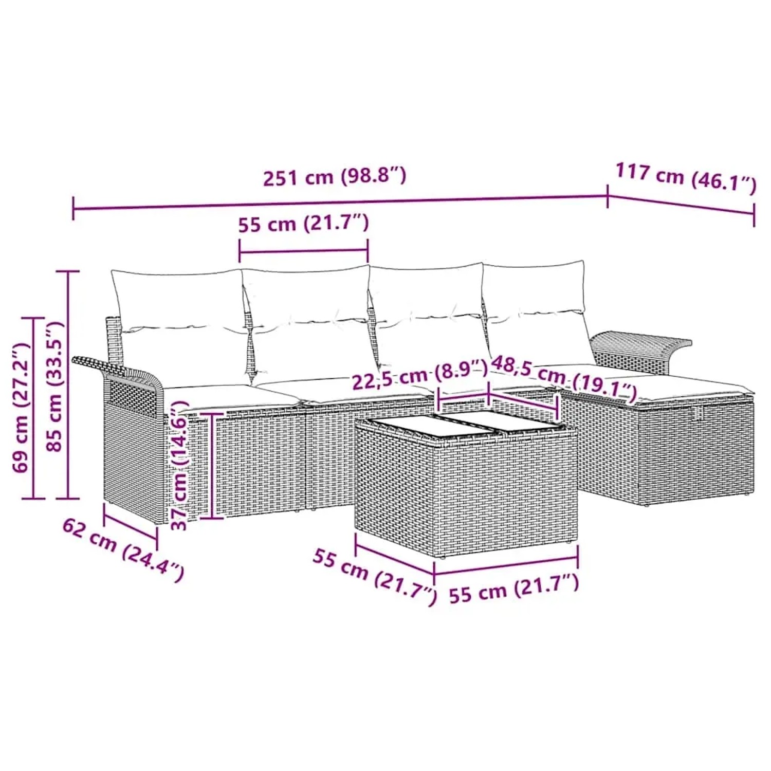 Graues 6-tlg. Garten-Sofa-Set mit Kissen und Stauraum aus Polyrattan von vidaXL. Inklusive Tisch.