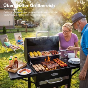 HOMAVO Holzkohlegrill mit Deckel, Grillgut und Personen im Garten.