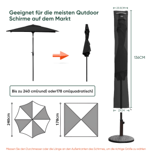 Sekey Schutzhülle für 200 cm Balkonschirm aus Oxford-Gewebe, Maße und Details.
