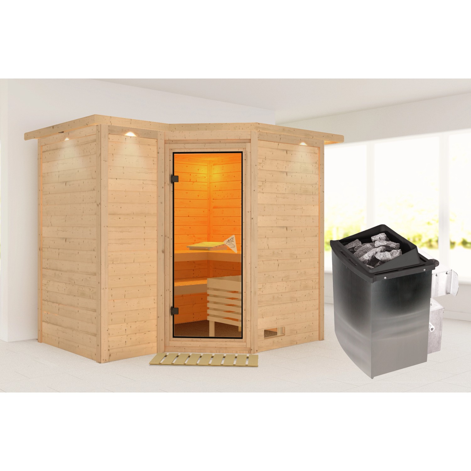 Karibu Sauna Steena 2 mit Ofen intergrierte Stg.LED-Dachkranz Natur günstig online kaufen