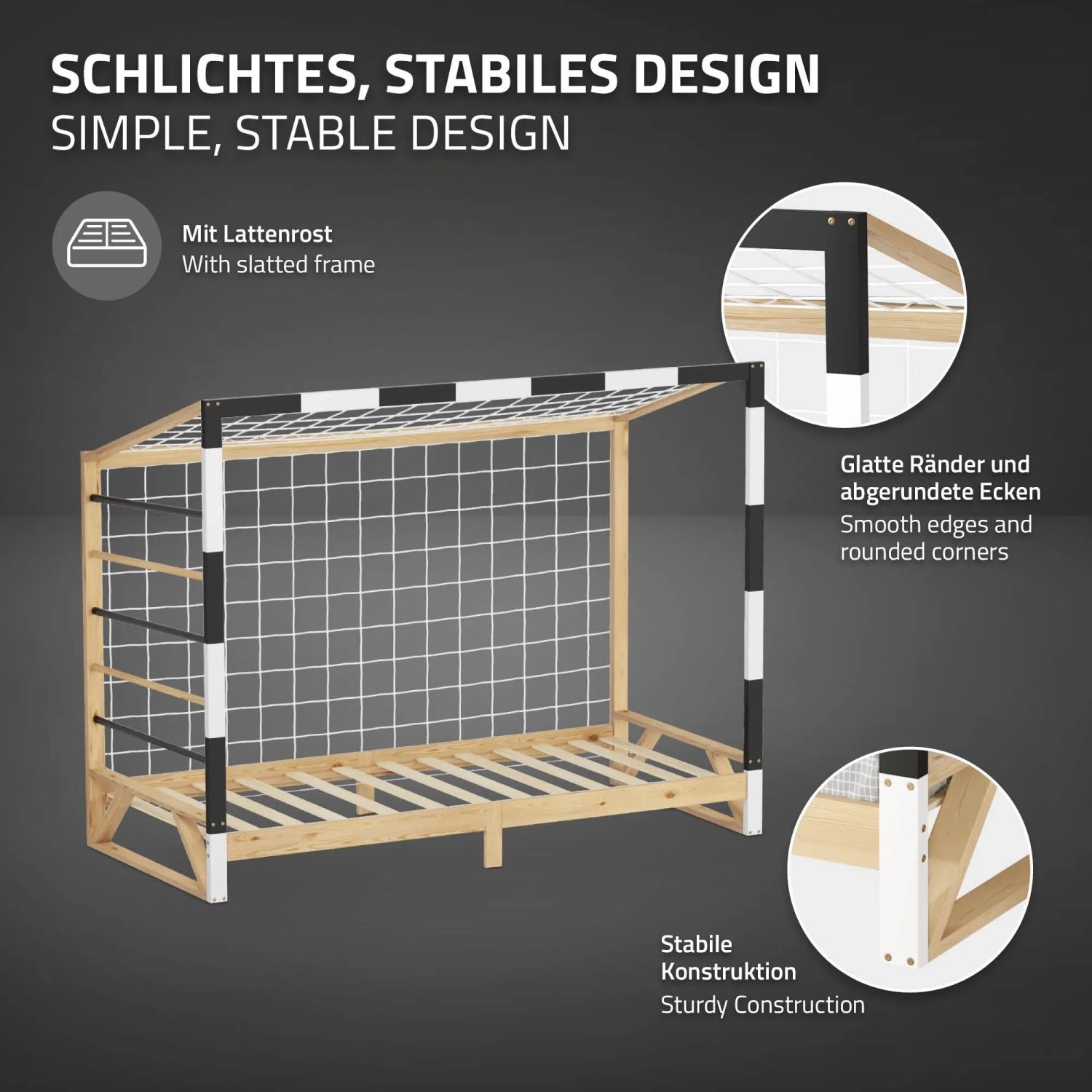 Kinderbett Fußballtor 90x200 cm aus Kiefernholz, schwarz-weiß, mit Lattenrost und Netz. Stabil.