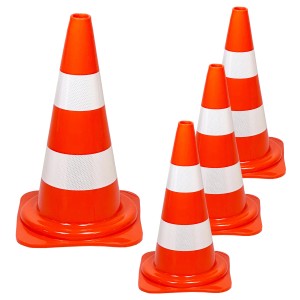 Set aus 4 orangefarbenen Leitkegeln (50 cm) mit Reflexstreifen zur Baustellenabsicherung.