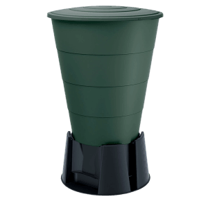 Waterform Regenwassertank Smooth, 210 l, Waldgrün, mit Deckel und schwarzem Sockel.