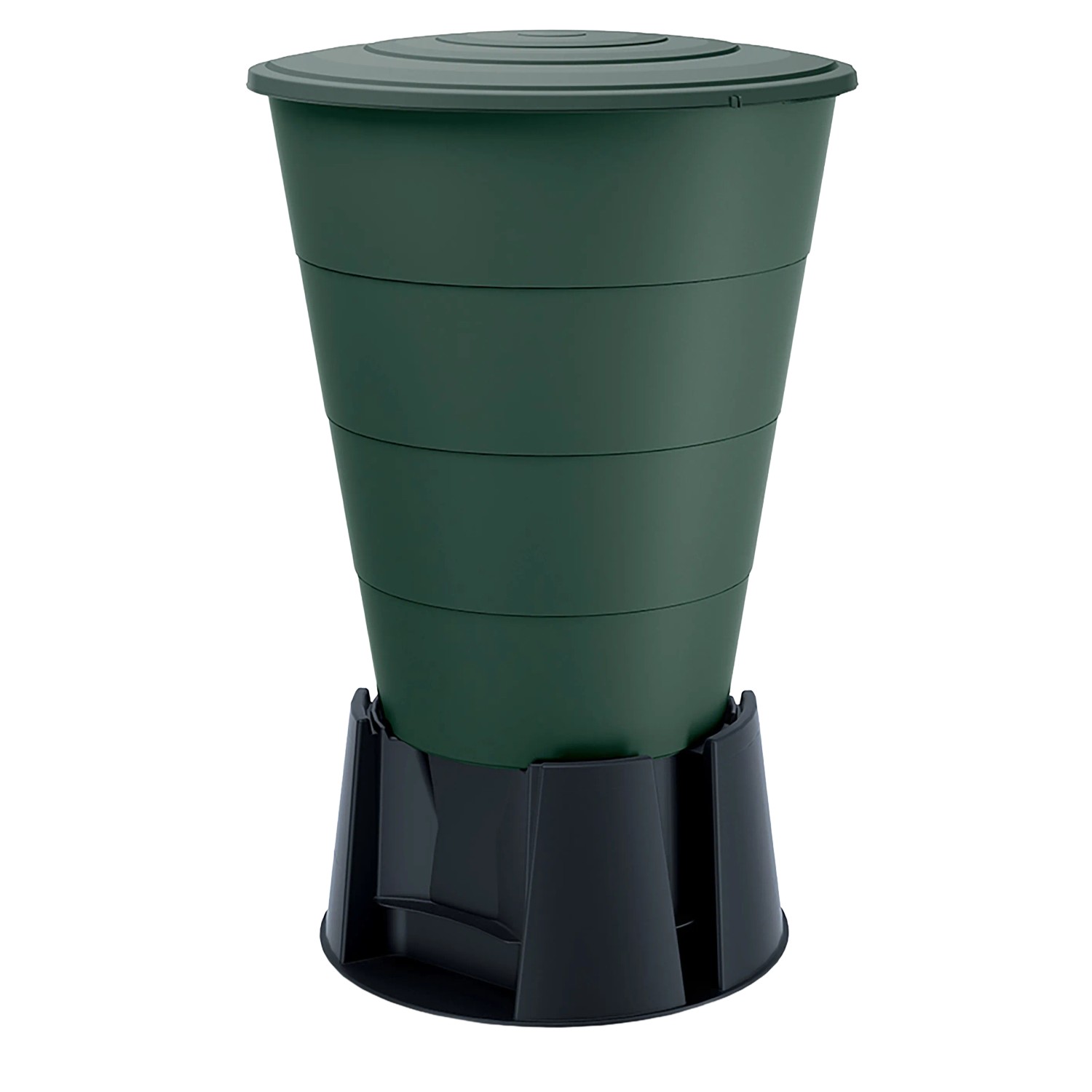 Waterform Regenwassertank Smooth, 210 l, Waldgrün, mit Deckel und schwarzem Sockel.