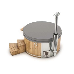 Finntherm Hot Tub Stockholm, cremeweißer Holzpool mit Treppe, Ofen und Abdeckung.