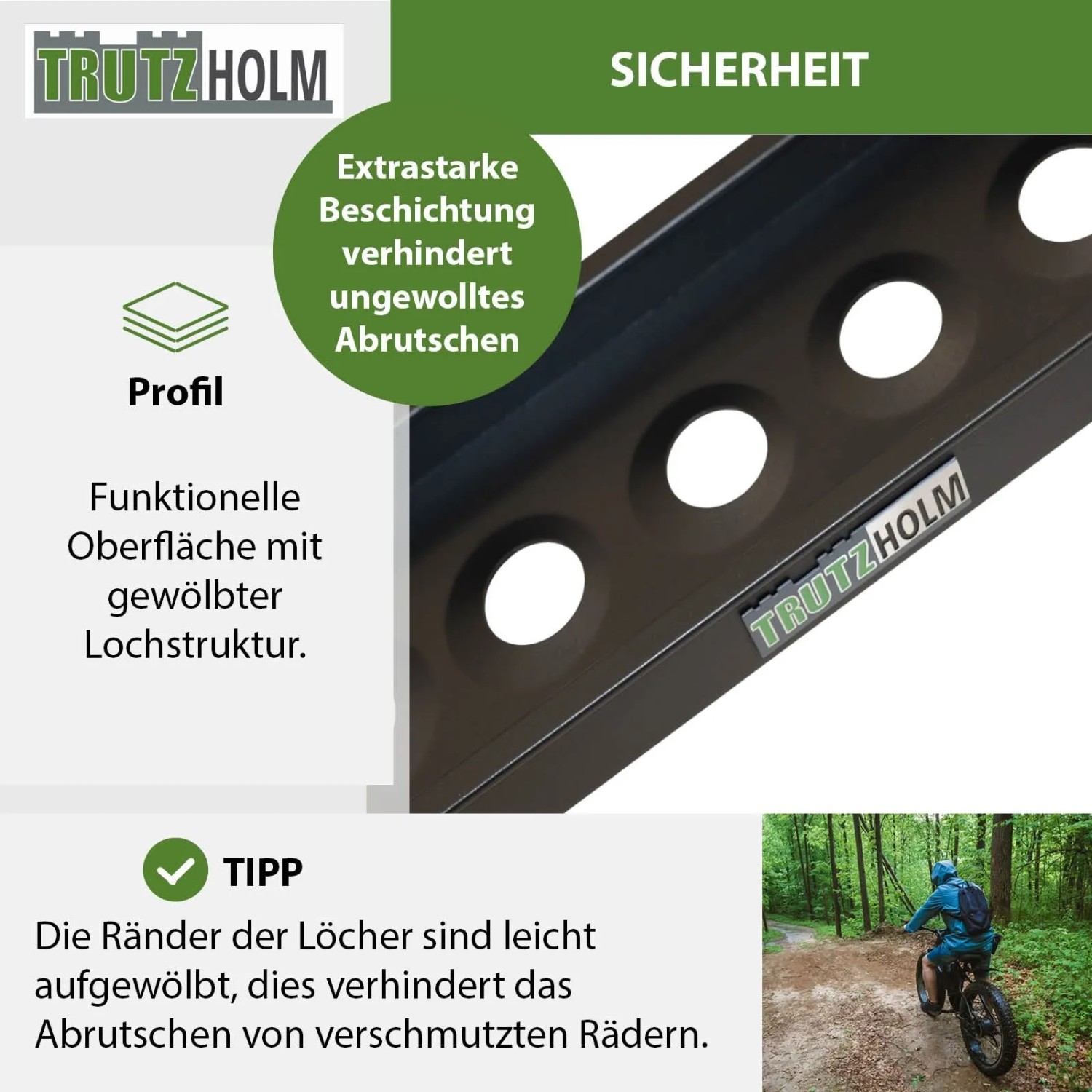 Detailansicht der TRUTZHOLM Auffahrschiene mit Lochstruktur für sicheren Halt.