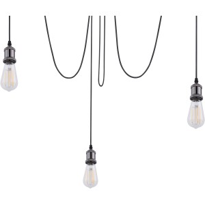 Schwarze Globo Pendelleuchte Oliver mit drei E27-Fassungen und Textilkabeln.