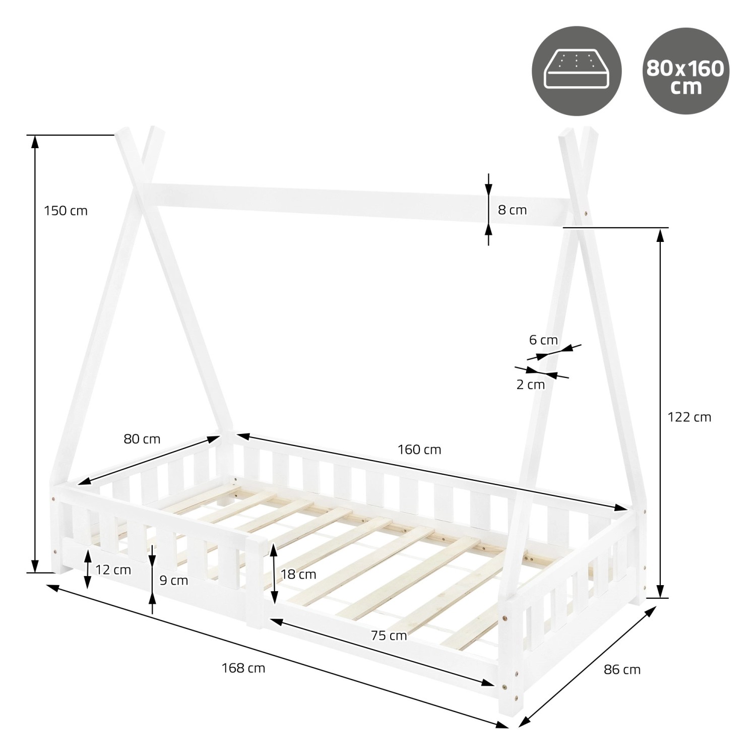 ML-Design Kinderbett Tipi 80x160 cm, weiß, mit Matratze und Rausfallschutz, Maße