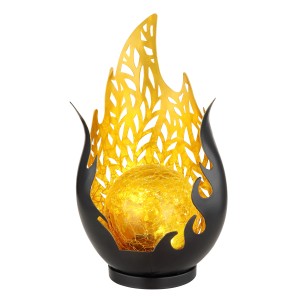 Globo Solarleuchte aus Metall, 26,5 cm, schwarz matt, mit goldfarbenen Akzenten und bernsteinfarbener Glaskugel.