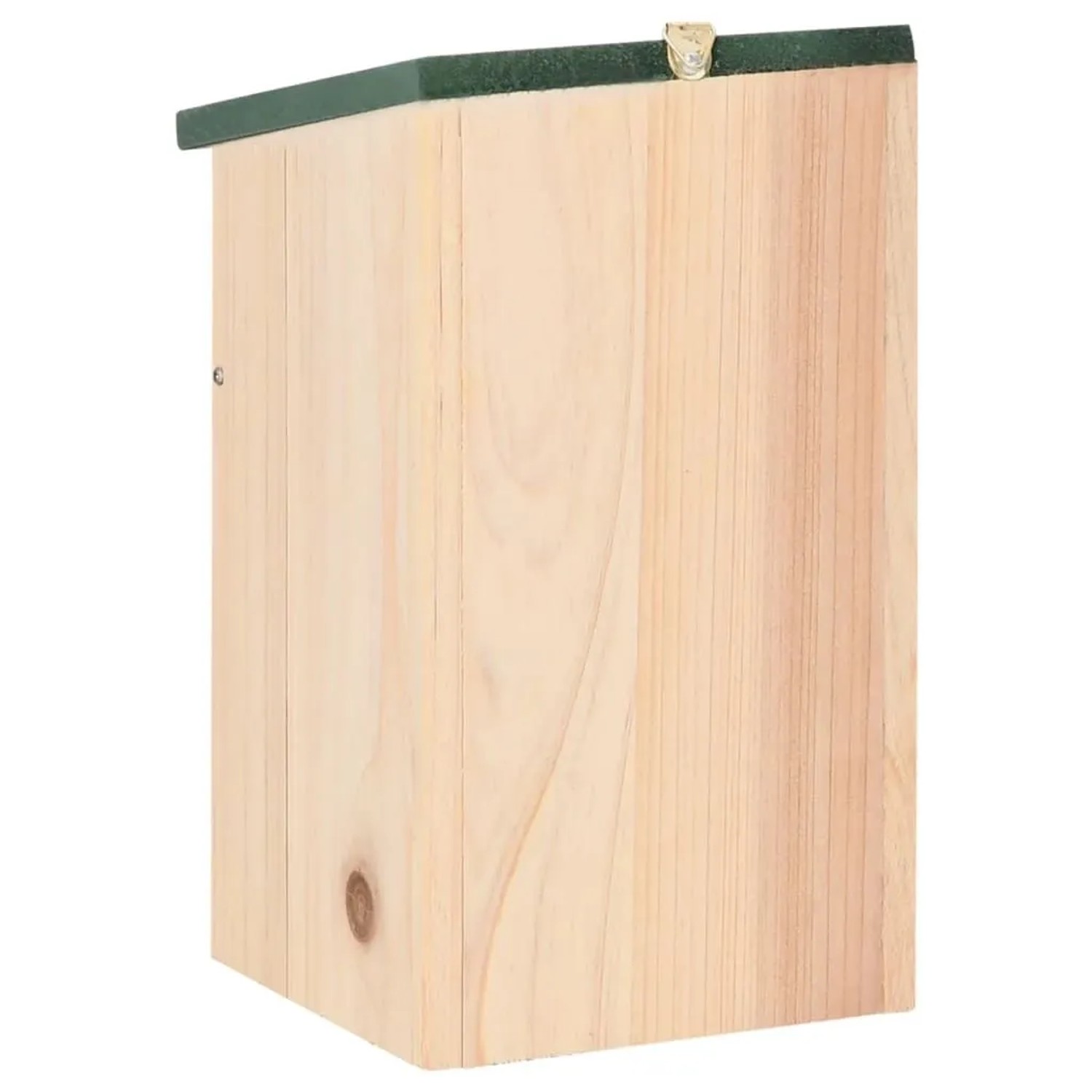 Holz Vogelhaus mit grünem Dach zum Aufhängen, Detailansicht.