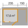 Grundrisszeichnung Holz-Gartenhaus Flachdach, 430x280 cm, unbehandelt, mit Maßangaben.