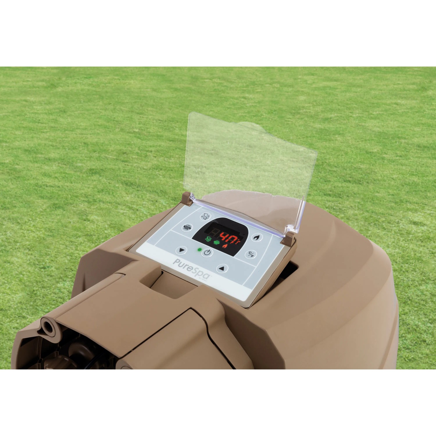 Detailansicht des Bedienfelds vom Intex PureSpa Bubble Massage Whirlpool mit Temperaturanzeige.