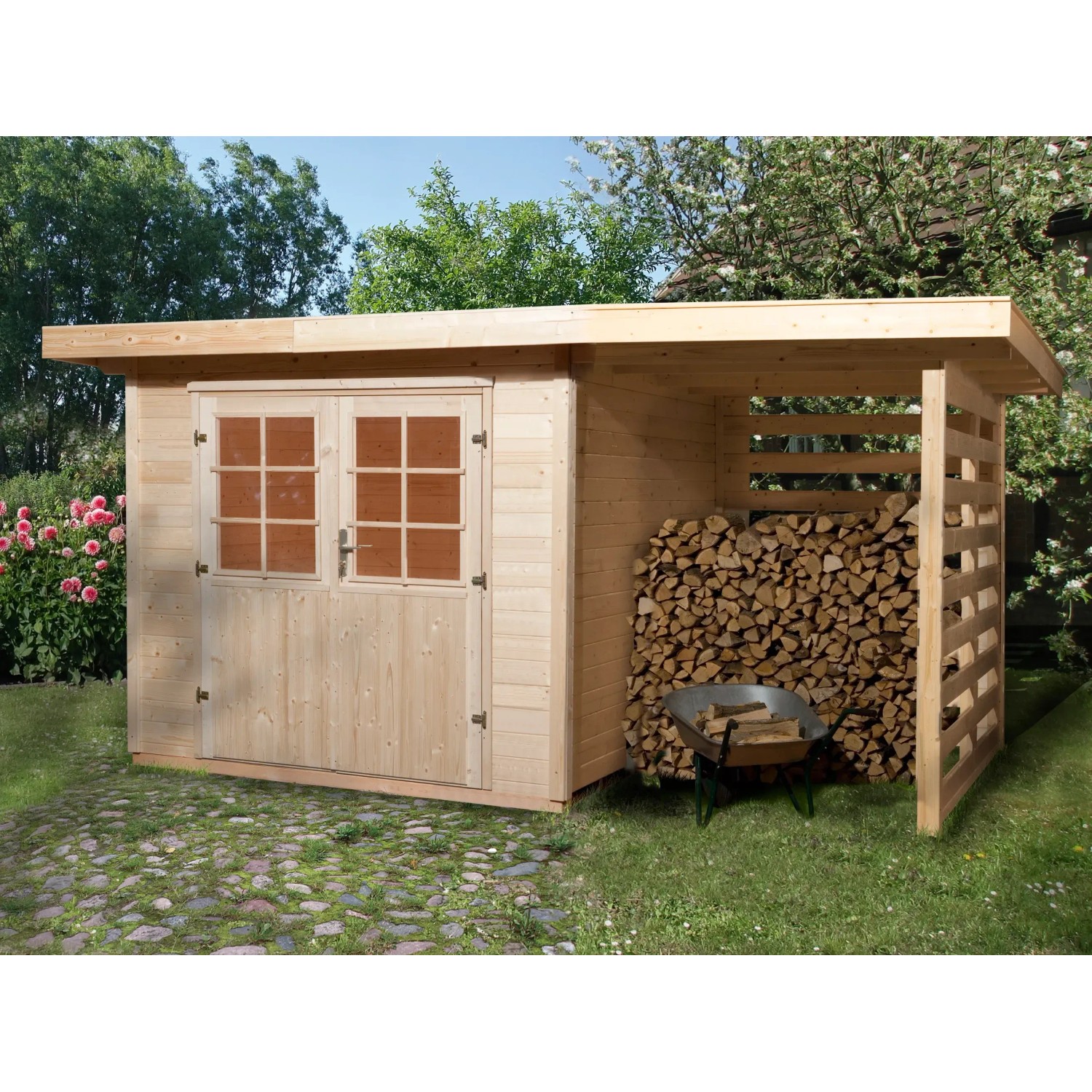 OBI Holz-Gartenhaus La Spezia mit Anbaudach und Doppeltür, naturbelassen.