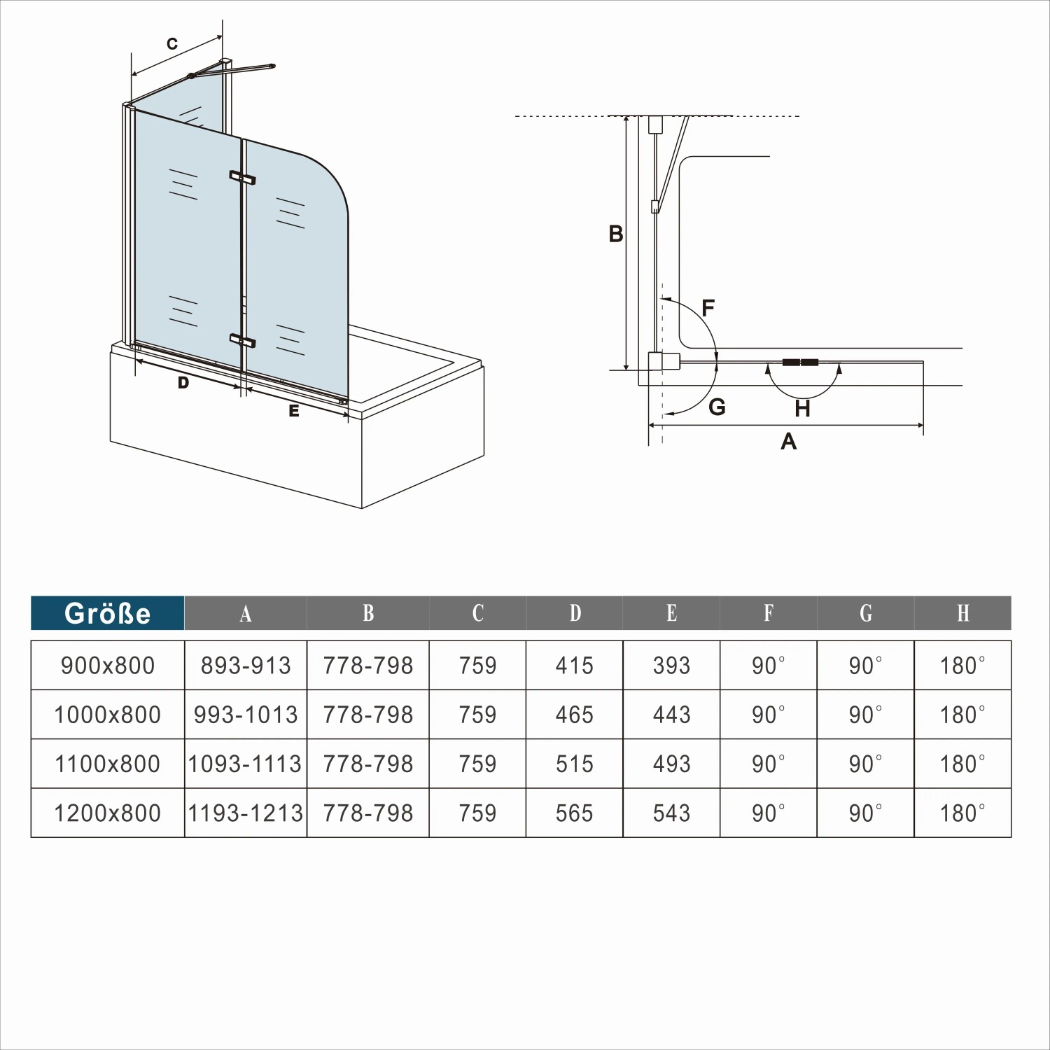 Technische Zeichnung: AICA Badewannenaufsatz Faltwand 90x140cm mit Seitenwand, Maße und Details.