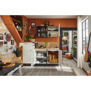 Weiße pino Küchenzeile 180 cm mit Geräteschrank und Spüle, Frontansicht.