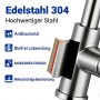 Detailaufnahme: Gebürstete AICA Küchenarmatur mit ausziehbarer Säulenbrause.