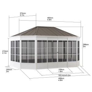 Sunjoy Gazebo Birkett, 366x488 cm, weißer Stahlpavillon mit Schiebetüren und Dach, Maße.