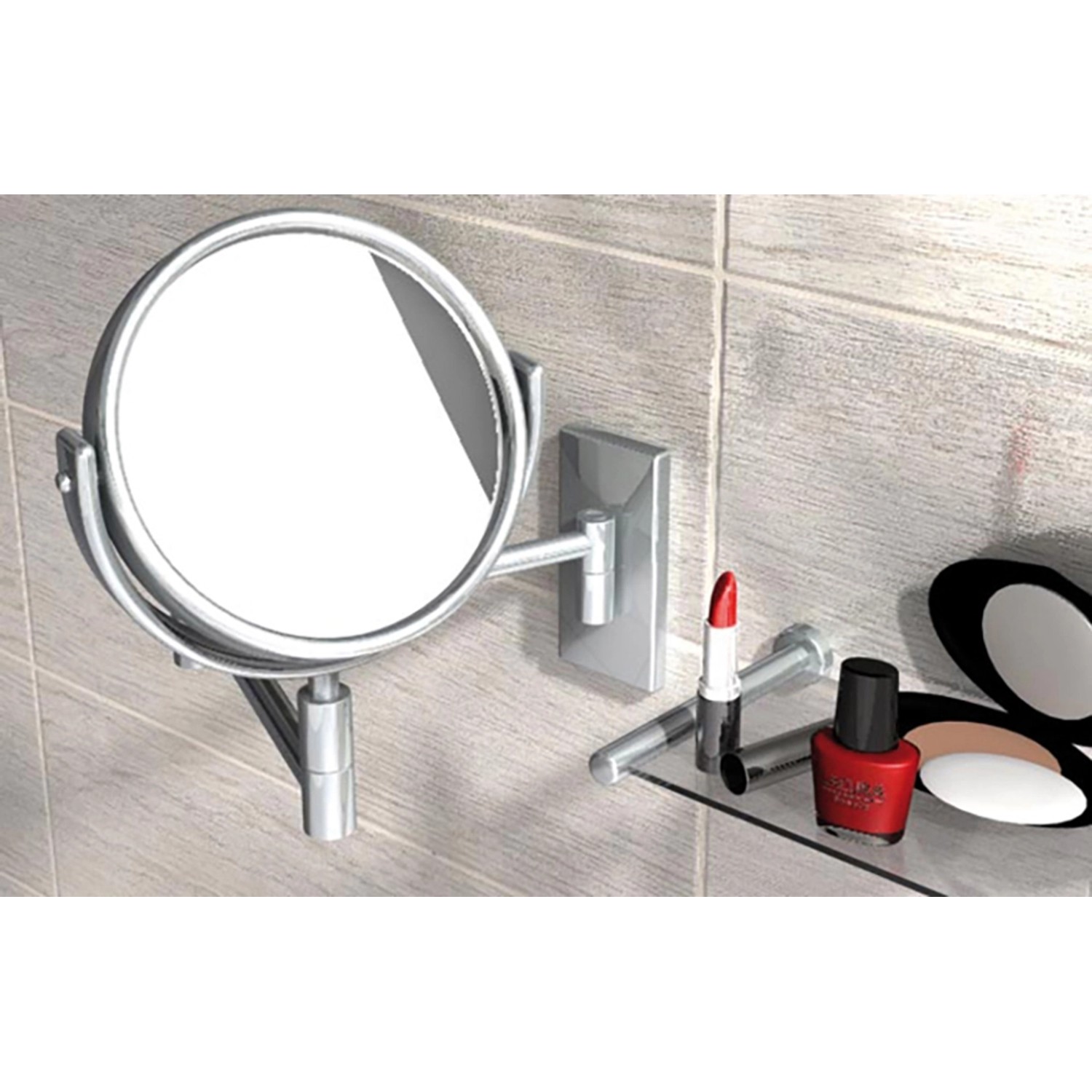 Badezimmer mit Kosmetikspiegel und Accessoires, befestigt mit Fischer Bad Kleber.