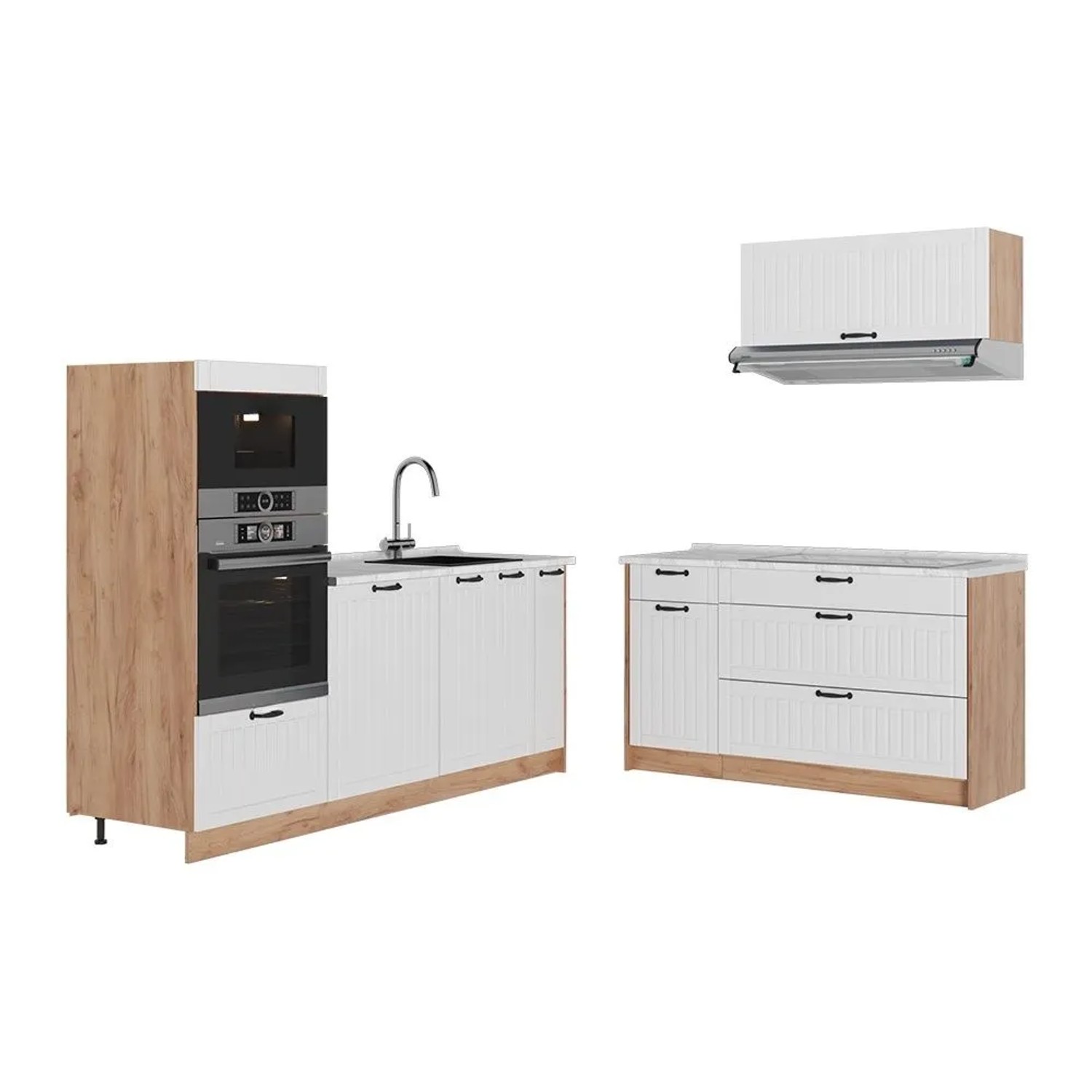 Vicco Küchenzeile Fame-Line Weiß Landhaus/Goldkraft Eiche 340 x 154 AP Marmor Art Nr 63915