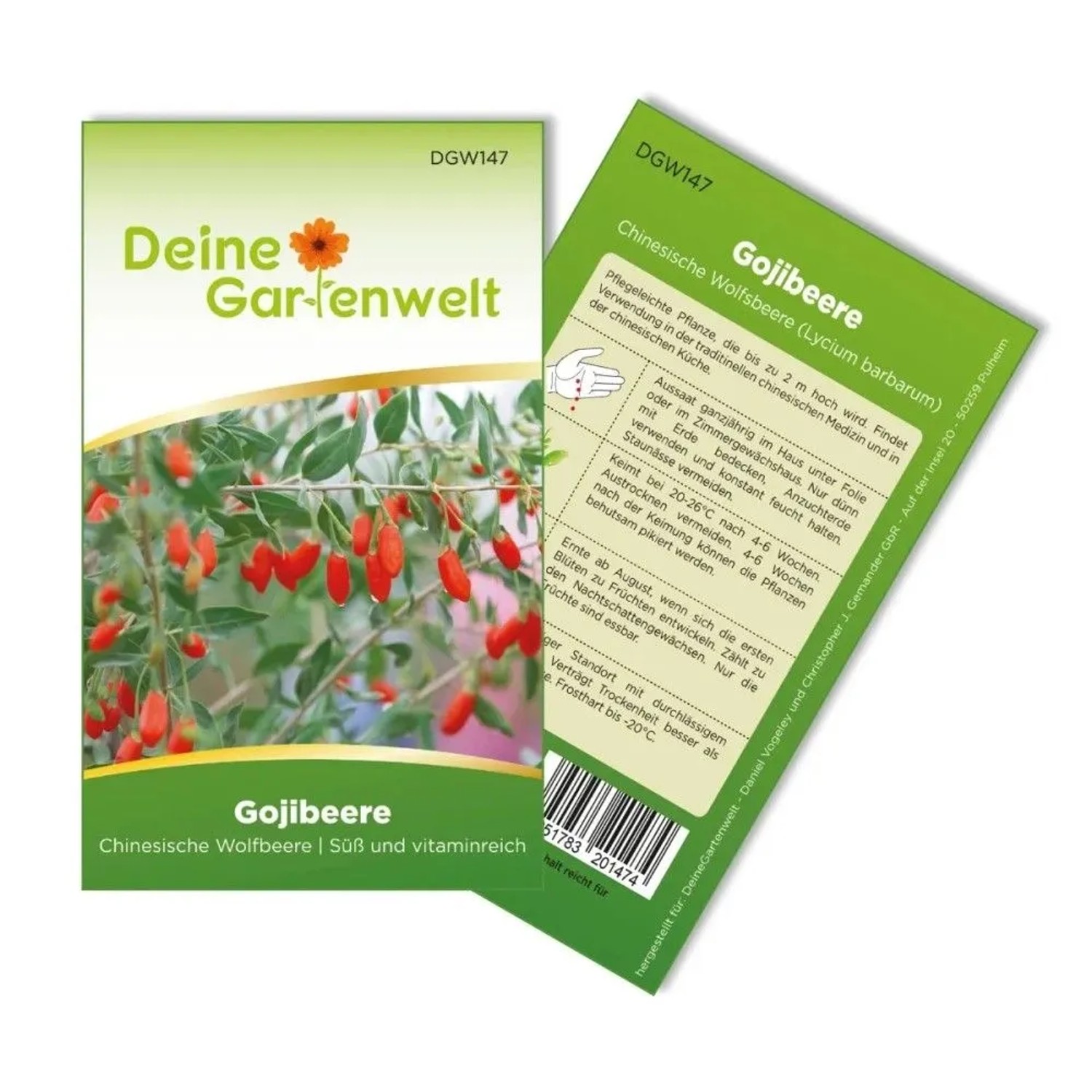 Deine Gartenwelt Gojibeere Samenpaket. Grüne Packung mit roten Wolfsbeeren und Blättern. Lycium barbarum Gemüsesamen.