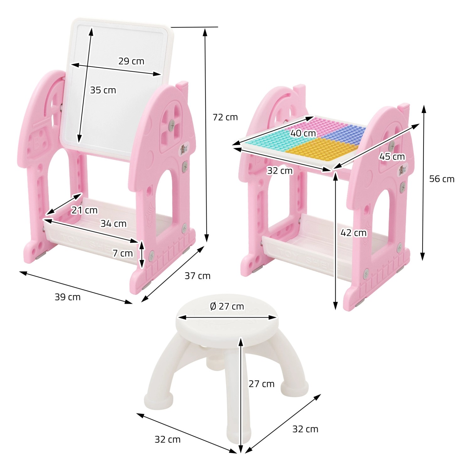 Joyz 2in1 Spieltisch mit Hocker, rosa/weiß, als Tafel und Bautisch mit Stauraum.