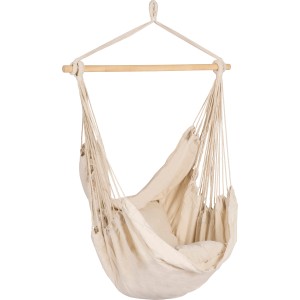 Beiger Hängesessel Lytton aus Baumwolle mit Holzstab und Kissen für Garten oder Terrasse.