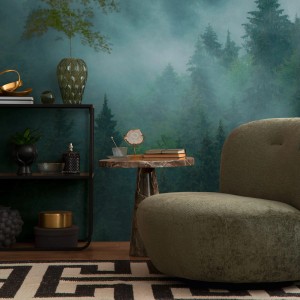 PROFHOME Fototapete Wald in Grün, Blau und Petrol. Matte Vliestapete mit Waldmotiv.