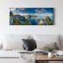Panorama Wandbild mit Berglandschaft und Meer-Motiv in Blau und Grün. Leinwandbild für Wohnräume.