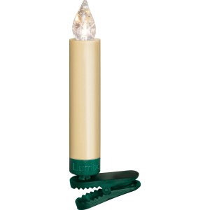 Lumix Mini Christbaumkerze Elfenbein mit warmweißem Licht und grüner Klemme für Innen.