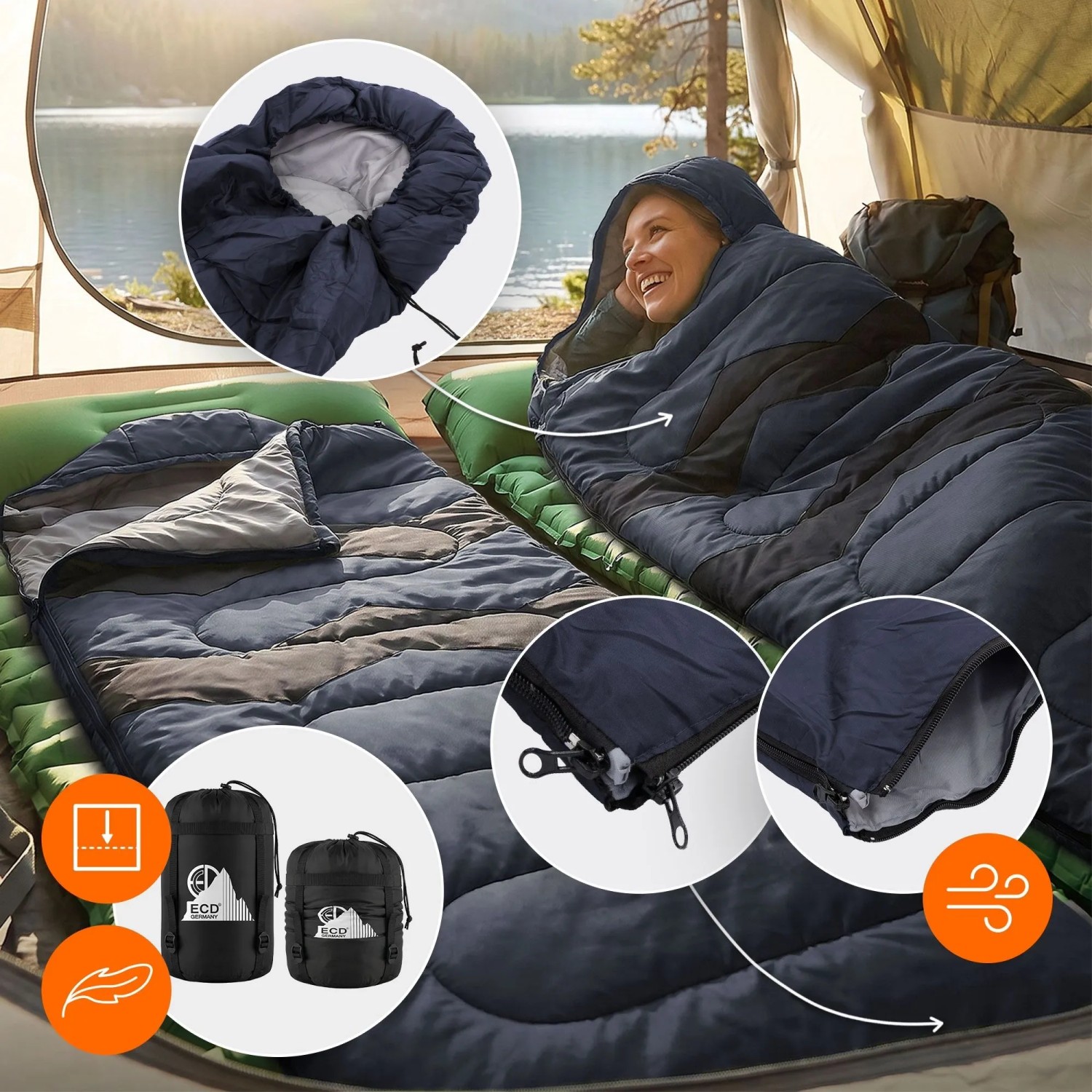 Dunkelblauer ECD Germany Schlafsack Outdoor für Camping, 210x72 cm, mit Kapuze und Packsack.