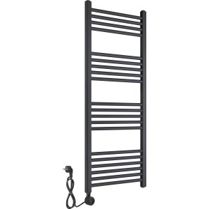 Schwarzer, elektrischer Badheizkörper Wuppertal 2.0, 120x50 cm, mit horizontalen Heizstäben.