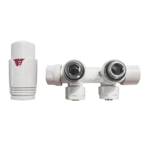 Eck-Anschlussgarnitur mit Thermostat in Weiß für Heizkörper mit Mittelanschluss.